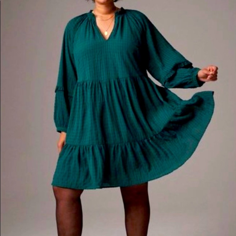 Mare Mare x Anthropology tiered emerald dress. Puff sleeve. Bohemian. Size MP